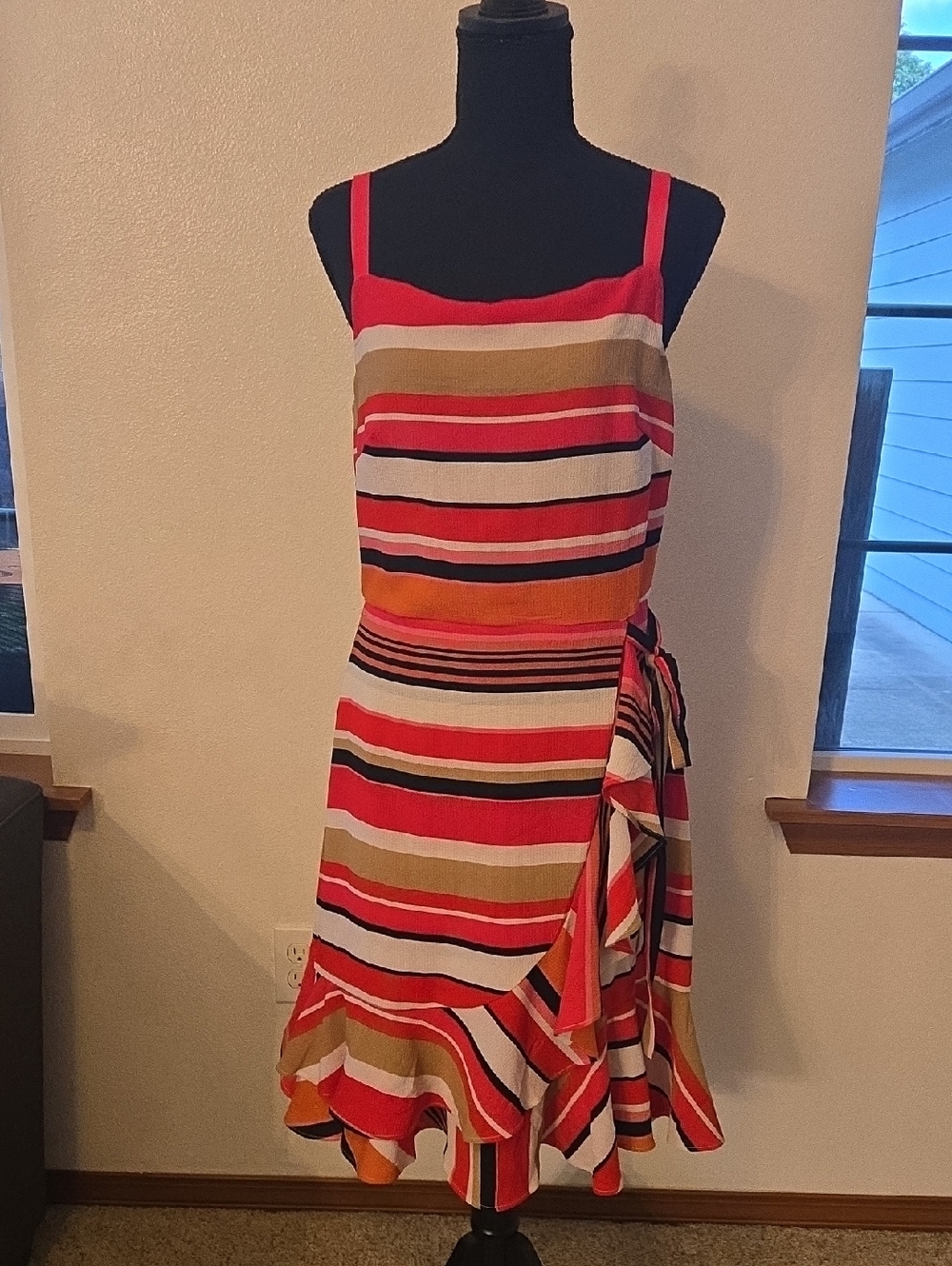 Nicole Miller Red, Orange and Cream Striped Midi Dress with Side Tie